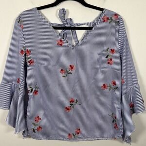 Flores Floral Daisy Embroidered Blue White Stripe Bell Sleeve Top Large Boho